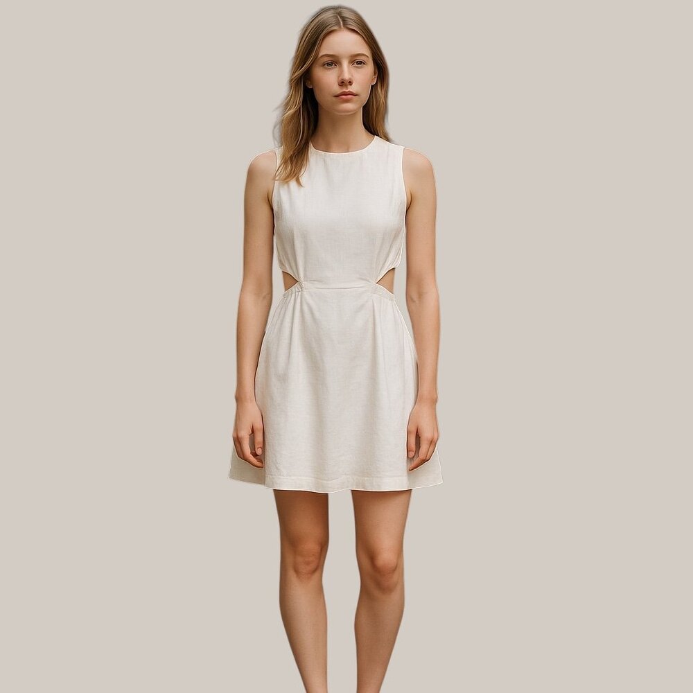 Lillusory white lacy sleeveless dress with circular cutouts each side at waist